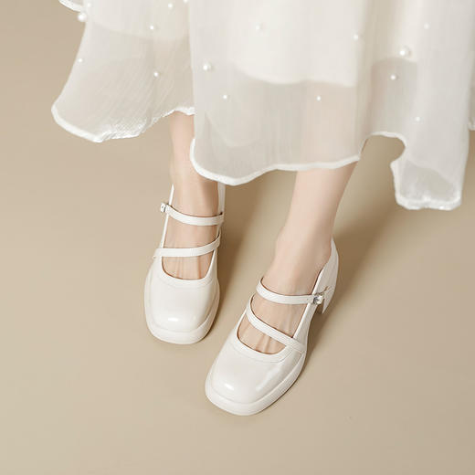 玛丽珍单鞋女2023春季新款复古真皮一字扣带高跟鞋粗跟浅口仙女鞋 商品图1