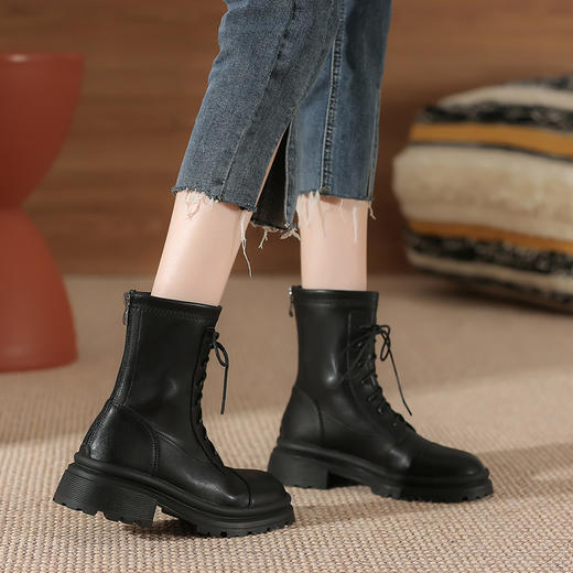 系带马丁靴短靴子女秋冬新款英伦风粗跟百搭圆头瘦瘦靴短筒女靴子 商品图1