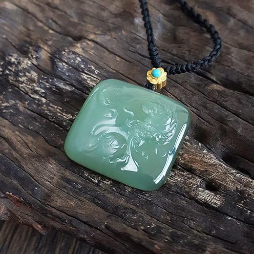 【天然正品】AU750黄金镶天然猫眼粉青料飞龙图案无事牌（飞黄腾达、吉祥）和田玉吊坠项链090523NJ12 商品图3