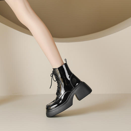 甜酷女生马丁靴女2023秋冬款英伦系带短靴7cm增高厚底高跟漆皮靴 商品图3
