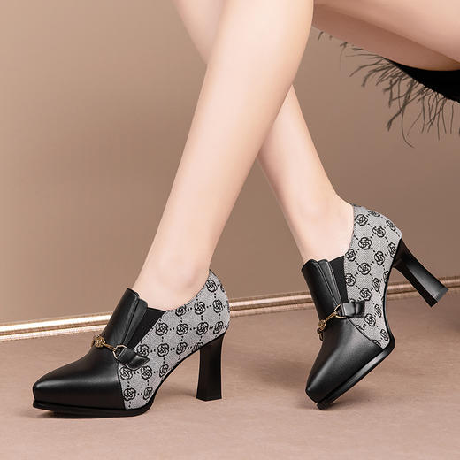 春秋新款，浅口单鞋女真皮粗跟防水台高跟鞋JQR-3839 商品图5