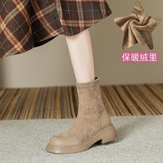 丝滑质感绒面短靴女2023新款复古英伦风圆头弹力短筒靴子女瘦瘦靴 商品图8