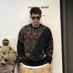 徐太浪美式拼接费尔岛卫衣男秋冬加绒宽松休闲内搭圆领打底衫上衣