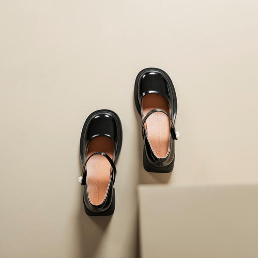 粗跟玛丽珍鞋女2023春秋新款高跟复古浅口单鞋珍珠百搭黑色工作鞋 商品图3