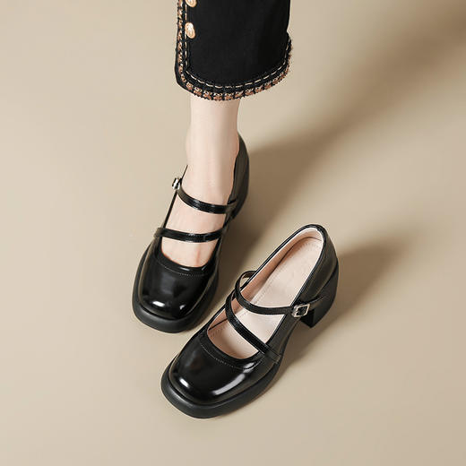 玛丽珍单鞋女2023春季新款复古真皮一字扣带高跟鞋粗跟浅口仙女鞋 商品图2
