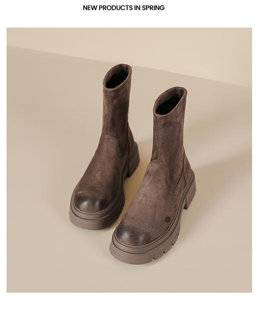 擦色短靴女小个子秋冬新款英伦风绒面过膝长靴子厚底弹力瘦瘦靴女 商品图3