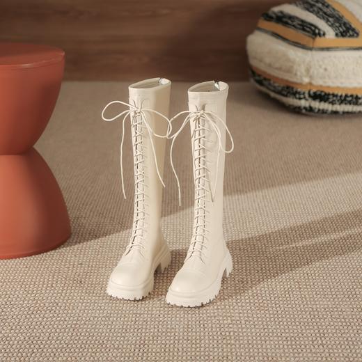 白色系带马丁靴短靴女2023秋冬新款英伦风厚底粗跟长靴后拉链靴子 商品图1