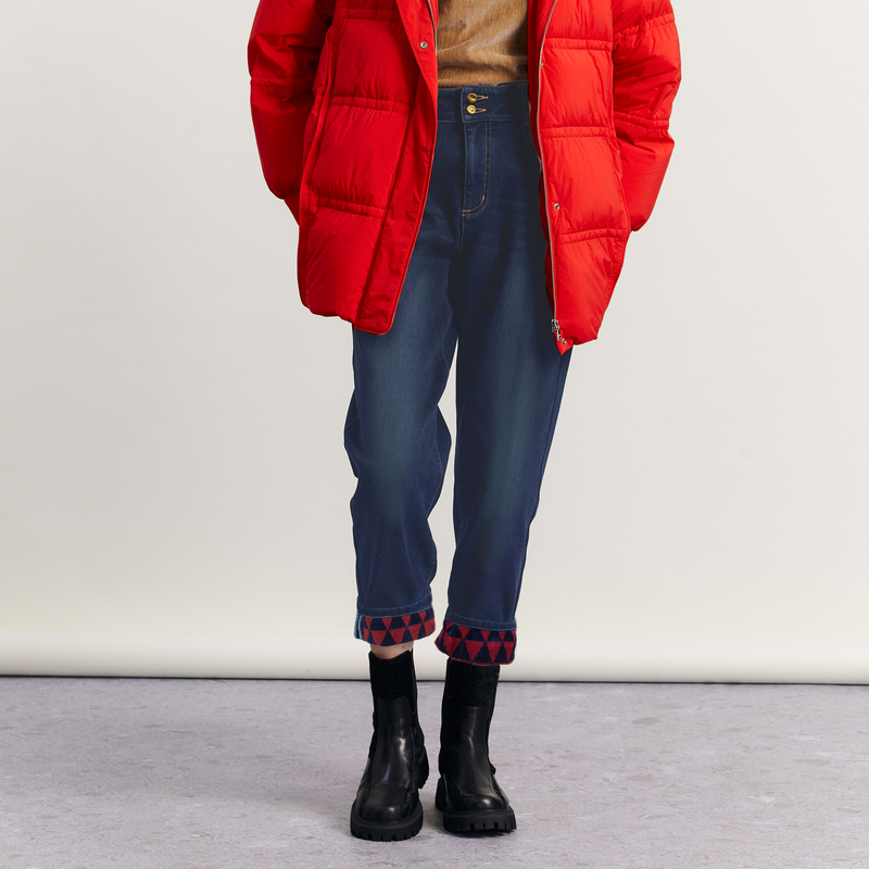 谜底加厚保暖牛仔裤女2023冬款复古高腰百搭萝卜九分裤234MK1555