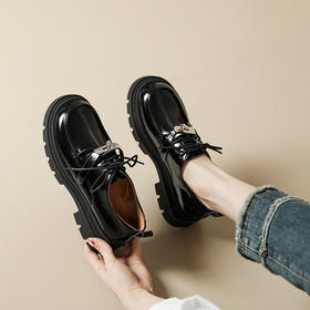 真皮厚底小皮鞋女2023年春季新款英伦风系带粗跟圆头锁扣乐福鞋子