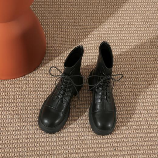 白色系带马丁靴短靴女2023秋冬新款英伦风厚底粗跟长靴后拉链靴子 商品图2