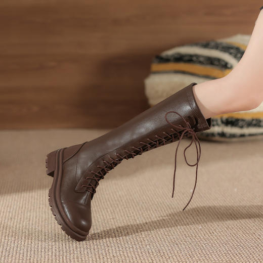 马丁靴长靴女2022秋冬季复古英伦风高筒系带加绒圆头不过膝骑士靴 商品图2