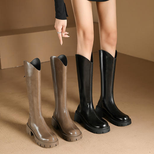 长靴女加绒保暖V口骑士靴2022秋冬季新款长筒靴厚底增高牛皮靴子 商品图0