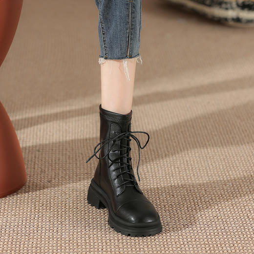 白色系带马丁靴短靴女2023秋冬新款英伦风厚底粗跟长靴后拉链靴子 商品图5