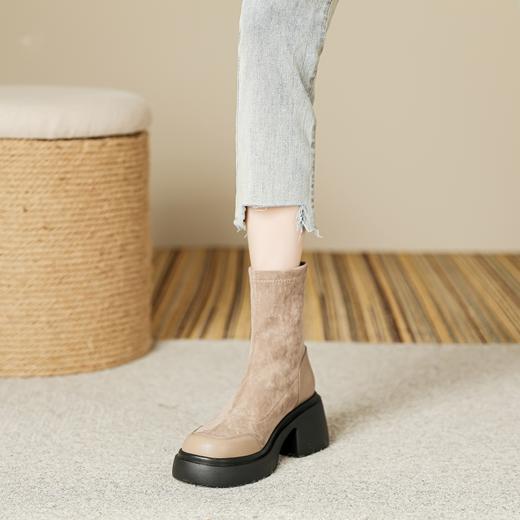 爆款现货绒面短靴女秋冬款7cm高跟厚底防水台短筒瘦瘦靴马丁靴女 商品图6