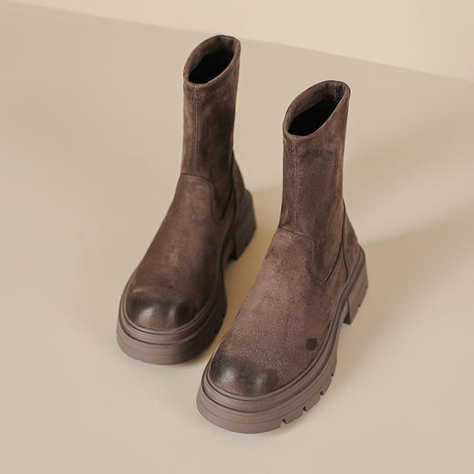 擦色短靴女秋冬新款英伦风复古弹力瘦瘦靴厚底短筒靴子绒面骑士靴 商品图3