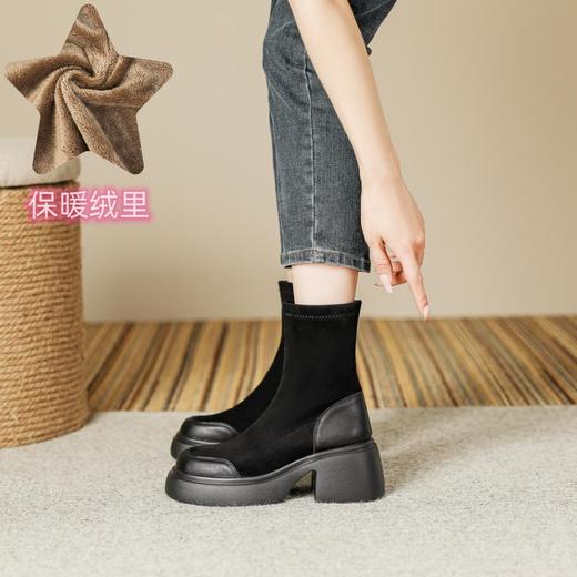 爆款现货绒面短靴女秋冬款7cm高跟厚底防水台短筒瘦瘦靴马丁靴女 商品图7