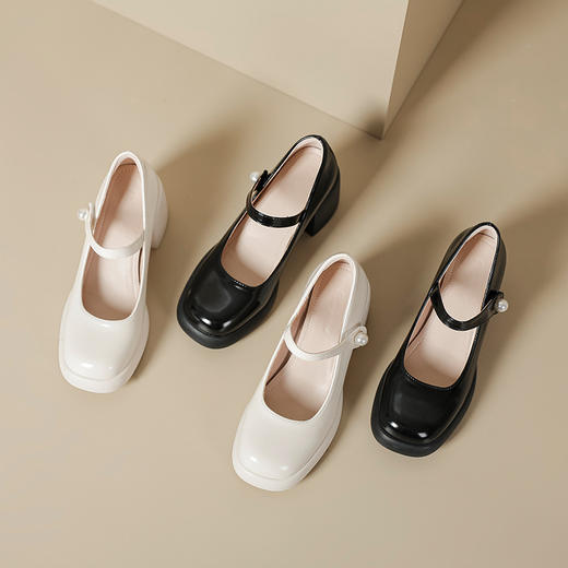 现货秒发新春热卖爆款高跟玛丽珍女鞋一字扣带软底粗跟单鞋 商品图0