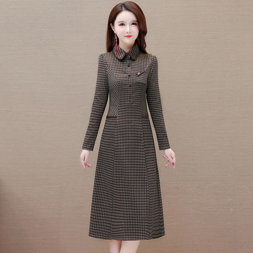 QYMYM-23HR20-Y格纹连衣裙中长款妈妈装A字裙春秋新款翻领厚款时尚气质连衣裙 商品图0