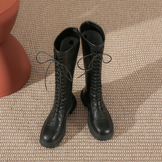 马丁靴长靴女2022秋冬季复古英伦风高筒系带加绒圆头不过膝骑士靴 商品图1