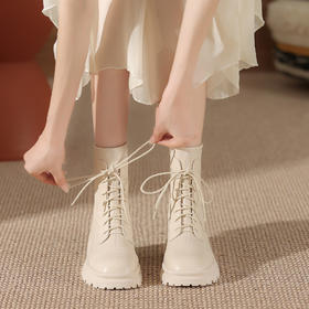 系带马丁靴短靴子女秋冬新款英伦风粗跟百搭圆头瘦瘦靴短筒女靴子