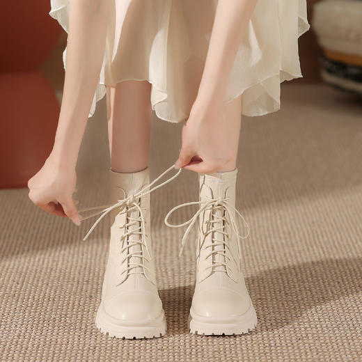 系带马丁靴短靴子女秋冬新款英伦风粗跟百搭圆头瘦瘦靴短筒女靴子 商品图0