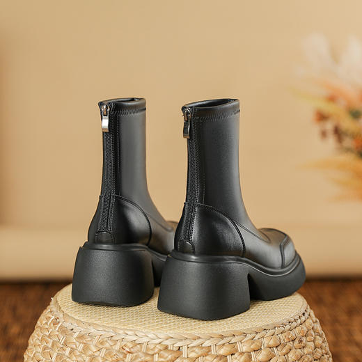 短靴女后拉链高跟时装靴轻底防水台韩版显瘦厚底增高粗跟小皮靴 商品图3