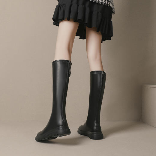长靴2022年新款秋冬奶茶色女长筒靴弹力复古英伦风厚底高筒骑士靴 商品图2