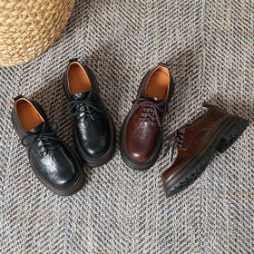 小皮鞋女2025春款系带复古英伦风圆头粗跟单鞋高级感擦色乐福鞋