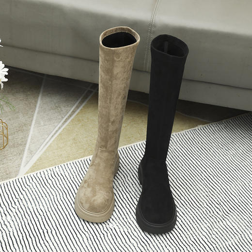 丝滑绒面长靴女2023秋冬款长筒靴复古弹力骑士靴腿精显瘦高筒靴子 商品图2