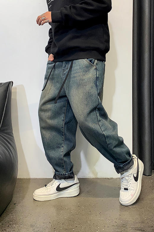 徐太浪复古美式水洗高街牛仔裤男秋冬加绒加厚宽松直筒九分裤长裤 商品图5