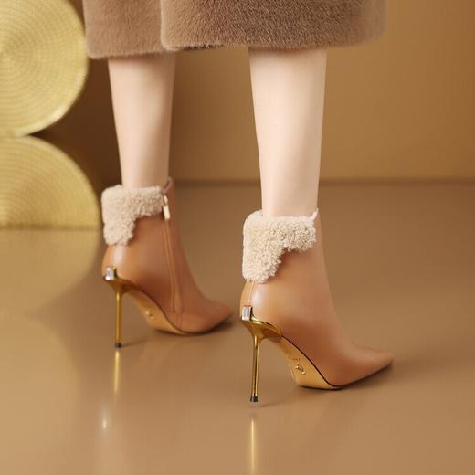 【预售5天】设计感短靴，秋冬高跟尖头细跟显瘦靴杏色加绒靴子XC-S129M 商品图4