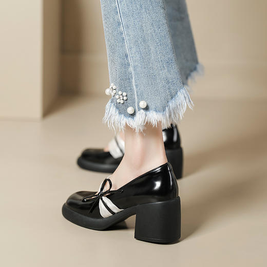 法式高跟鞋女2023春季新款复古蝴蝶结厚底粗跟温柔风玛丽珍单鞋 商品图2