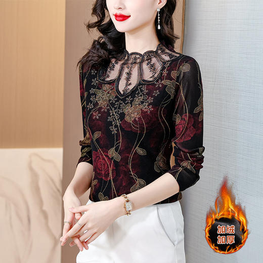 KQL-E333N6958秋冬新款时尚妈妈蕾丝镂空洋气花色加绒加厚气质显瘦长袖打底上衣 商品图3