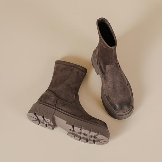 爆款擦色厚底短靴女秋冬新款绒面弹力短筒瘦瘦靴小单定制34-40码 商品图2