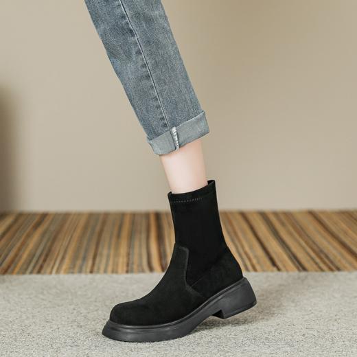 短靴女2023年秋冬新款复古圆头粗跟短筒骑士靴绒面百搭瘦瘦靴女鞋 商品图2