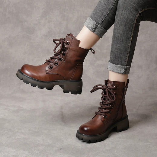 康珊2023年秋冬真皮英伦风马丁靴女粗跟防滑短靴复古百搭休闲加绒棉靴 商品图0