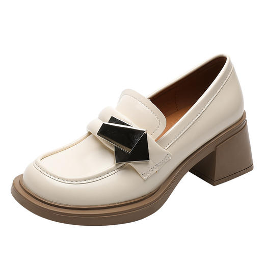 乐福鞋女2023年春秋季英伦风小皮鞋粗跟高跟一脚蹬圆头黑色单鞋女 商品图3