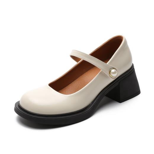 粗跟玛丽珍鞋女2023春秋新款高跟复古浅口单鞋珍珠百搭黑色工作鞋 商品图6