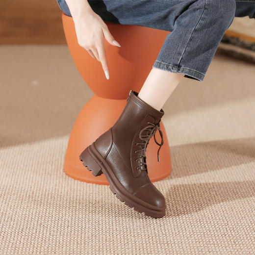 冬季加绒短靴2022新款马丁靴潮棕咖色瘦瘦靴圆头系带短筒靴子女 商品图1