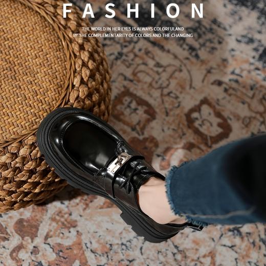 真皮锁扣2023春季英伦风系带加绒单鞋粗跟厚底松糕乐福小皮鞋女冬 商品图2