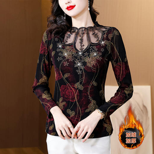 KQL-E333N6958秋冬新款时尚妈妈蕾丝镂空洋气花色加绒加厚气质显瘦长袖打底上衣 商品图0