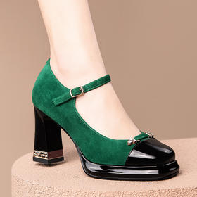 春秋新款，女真皮粗跟防水台浅口一字扣单鞋JQR-3853