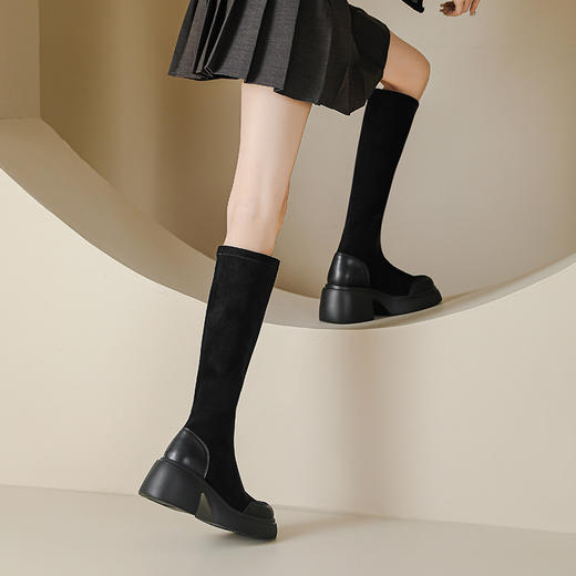 绒面厚底马丁靴长靴女秋冬款粗跟7cm高跟防水台轻底弹力显瘦高靴 商品图1