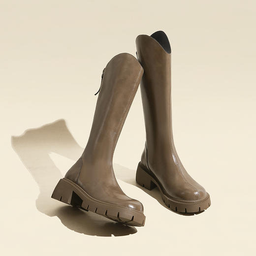 长靴女加绒保暖V口骑士靴2022秋冬季新款长筒靴厚底增高牛皮靴子 商品图1