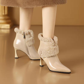 优雅个性，尖头真皮拼接真毛内里高跟短靴SJS-D817-948