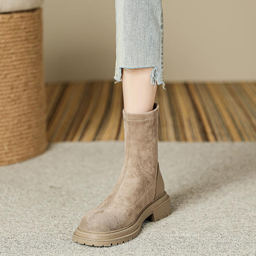 丝滑绒面短靴女2023秋冬款复古圆头短筒靴子英伦风粗跟女生瘦瘦靴 商品图6