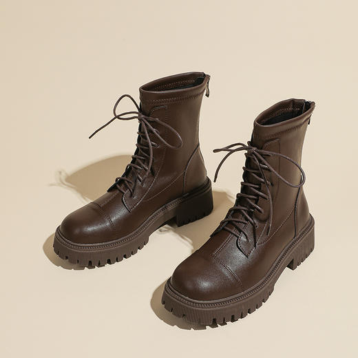 2023秋冬款短靴英伦风圆头粗跟短筒靴子女系带马丁靴经典款女靴子 商品图5