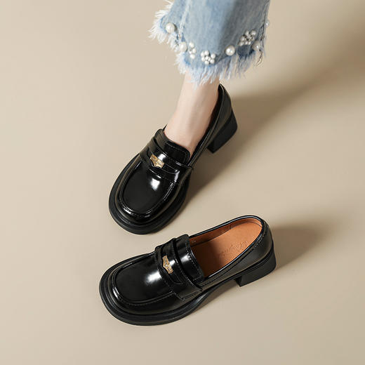 2023年春秋季新款单鞋复古圆头金币增高粗跟厚底英伦乐福小皮鞋女 商品图1