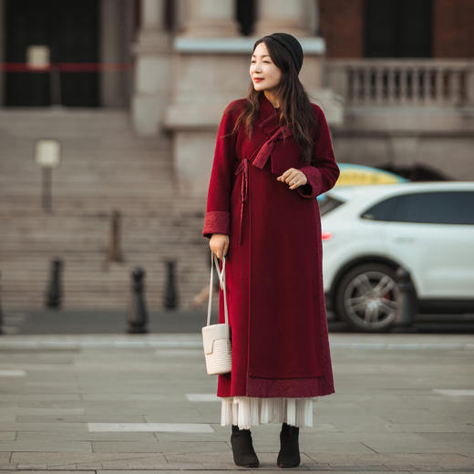 【林栖设计小店】【现货】新款秋冬女装刺绣双面呢羊毛呢子大衣中长款毛呢红色外套1914003 商品图2