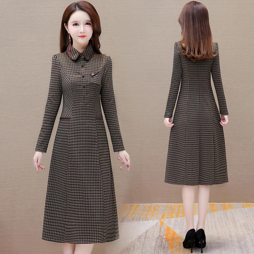 QYMYM-23HR20-Y格纹连衣裙中长款妈妈装A字裙春秋新款翻领厚款时尚气质连衣裙 商品图2